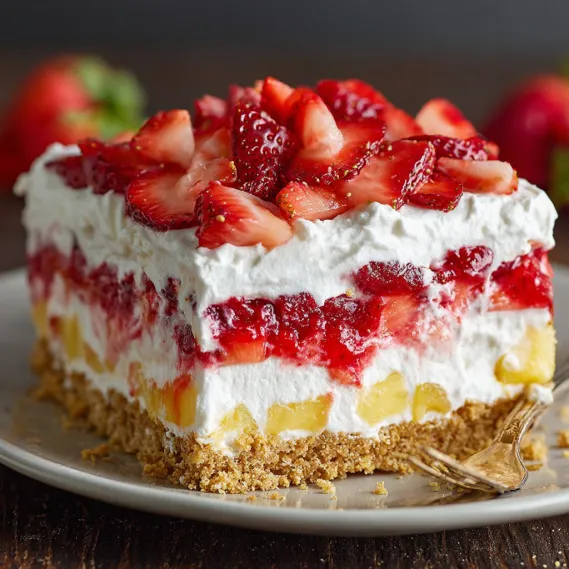 A slice of strawberry cheesecake on a plate.