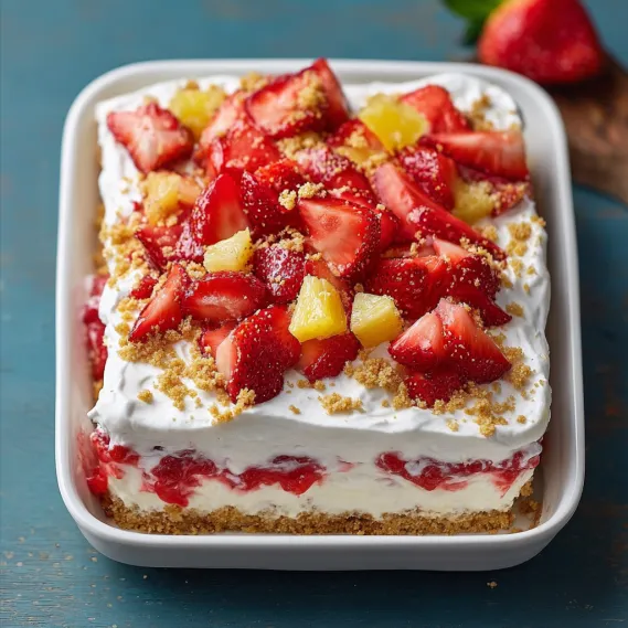 A white square dish with a slice of cake and strawberries.