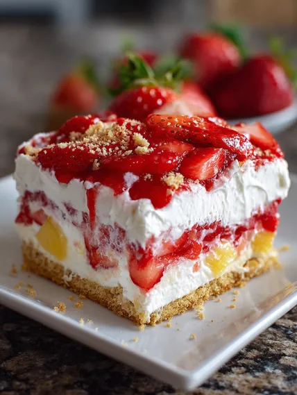 A slice of cake with strawberries on top.