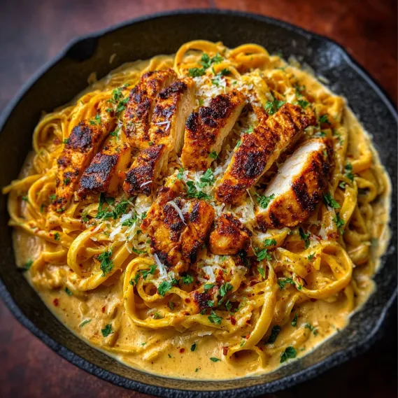 A bowl of pasta with chicken and cheese.
