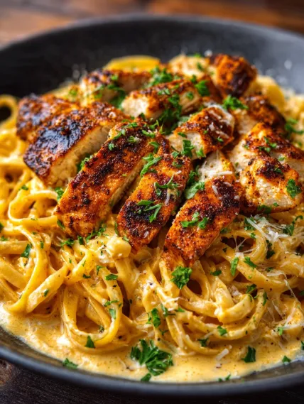 A bowl of pasta with chicken and herbs.