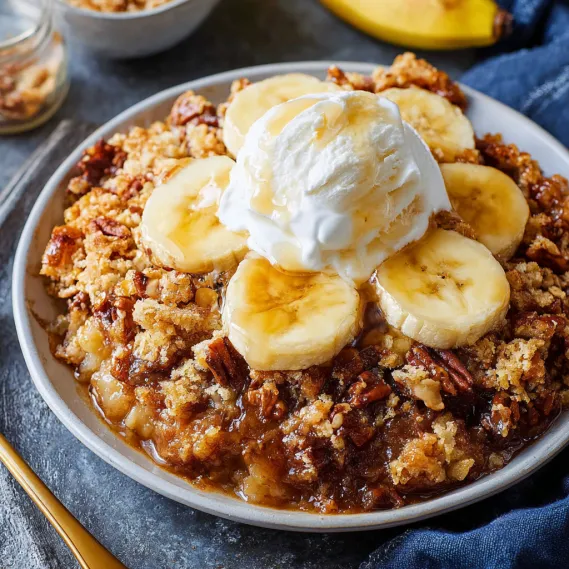A bowl of banana cake with ice cream on top.