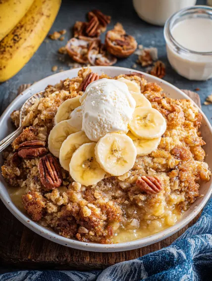 A bowl of banana bread with a scoop of ice cream on top.