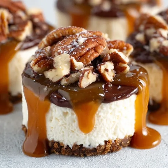 A slice of cheesecake with caramel drizzled on top.