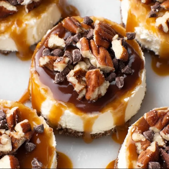 A dessert with caramel sauce and pecans.