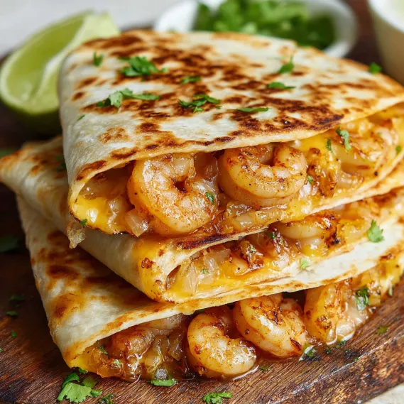 A stack of shrimp tacos on a wooden table.
