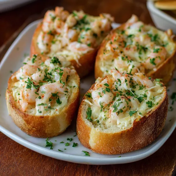 A plate of bread with shrimp on top.