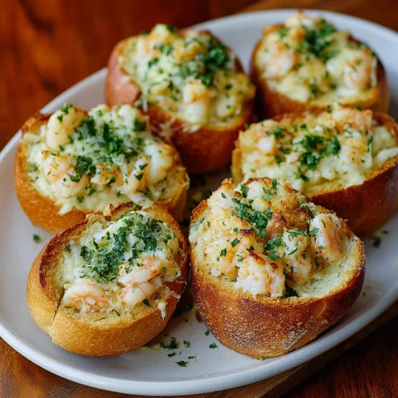 A plate of bread with shrimp on top.
