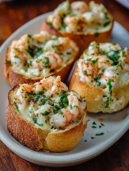 A plate of bread with shrimp on top.