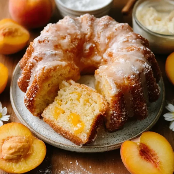 A peach cake with a bite taken out of it.
