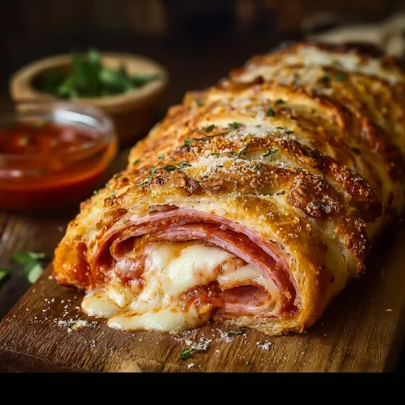 A pizza with cheese and meat on a wooden board.