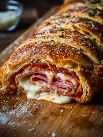 A slice of meat and cheese on a wooden board.