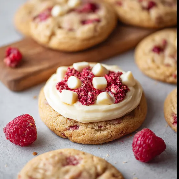 A cookie with white icing and a raspberry on top.
