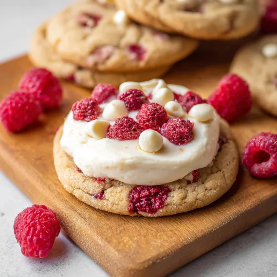 A cookie with white frosting and red raspberries on top.