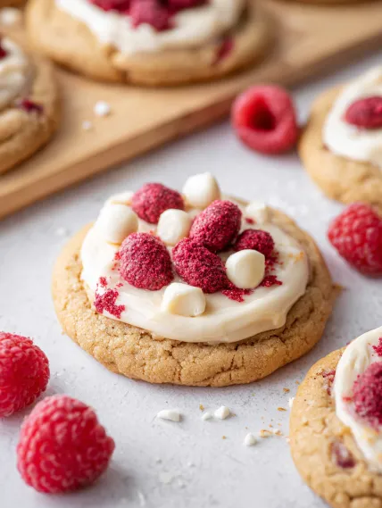 A cookie with white frosting and a raspberry on top.