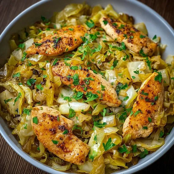 A bowl of food with chicken and vegetables.