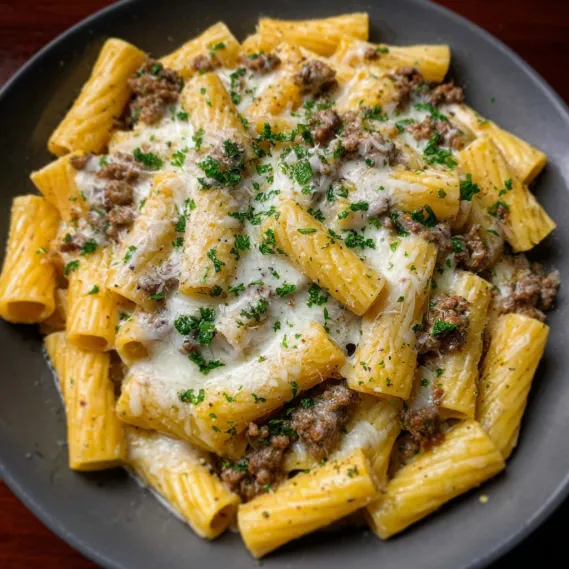A plate of pasta with meat and cheese.