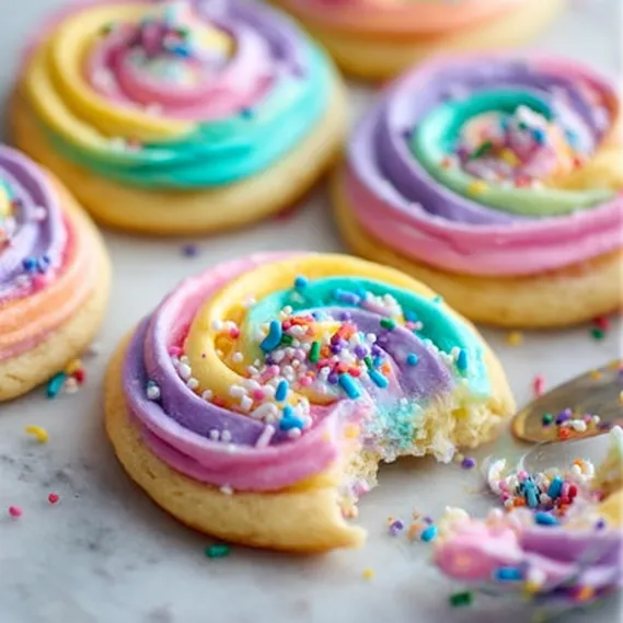 A cookie with rainbow colors and sprinkles.