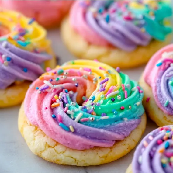 Rainbow colored cookies with sprinkles.