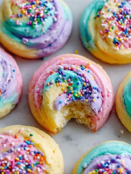 A colorful cookie with a bite taken out of it.