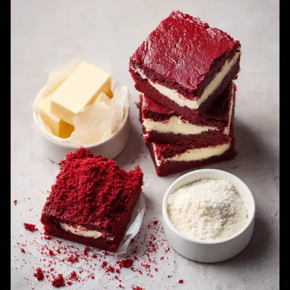 A stack of red velvet cake slices.
