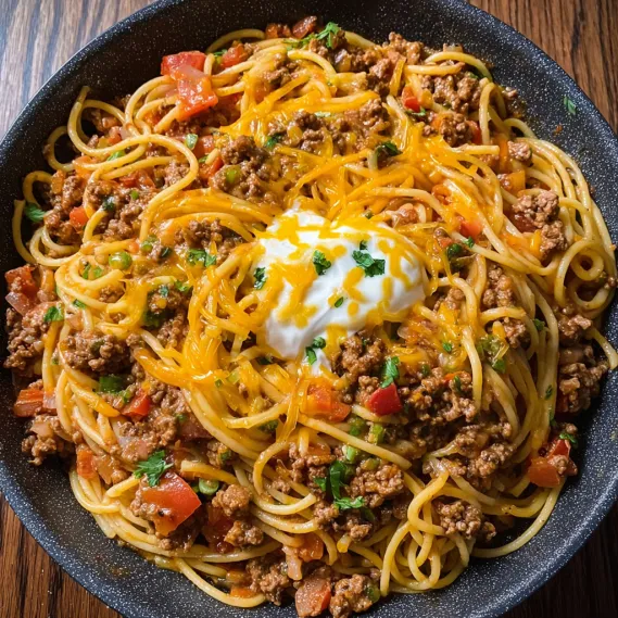A bowl of spaghetti with meat and cheese.