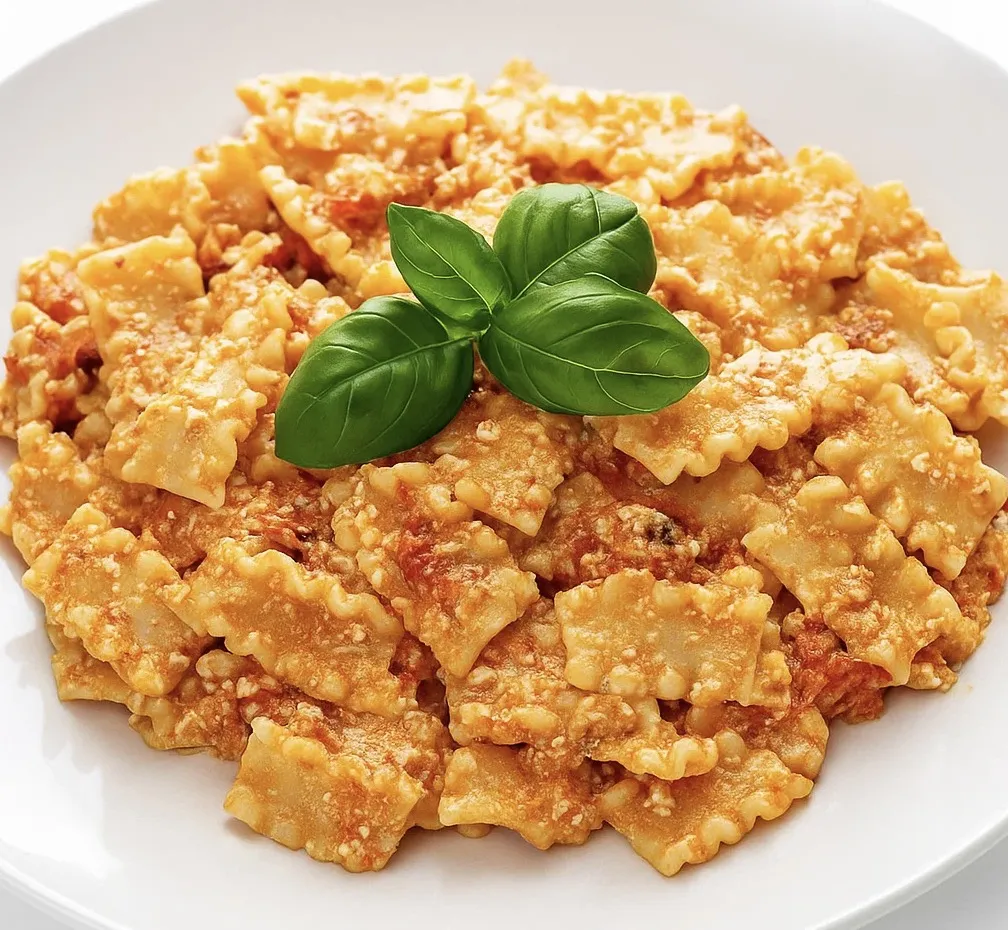 A plate of pasta with a green leaf on top.