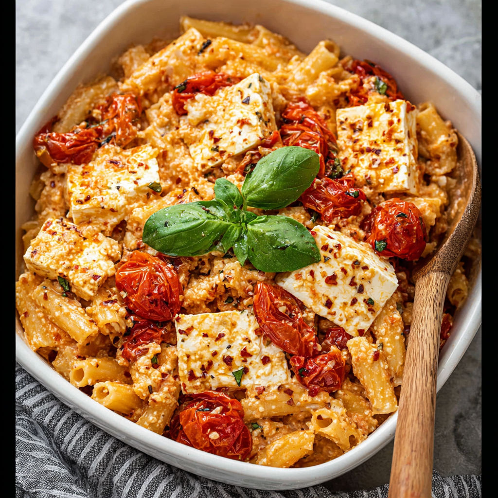 A bowl of pasta with tomatoes and feta cheese.