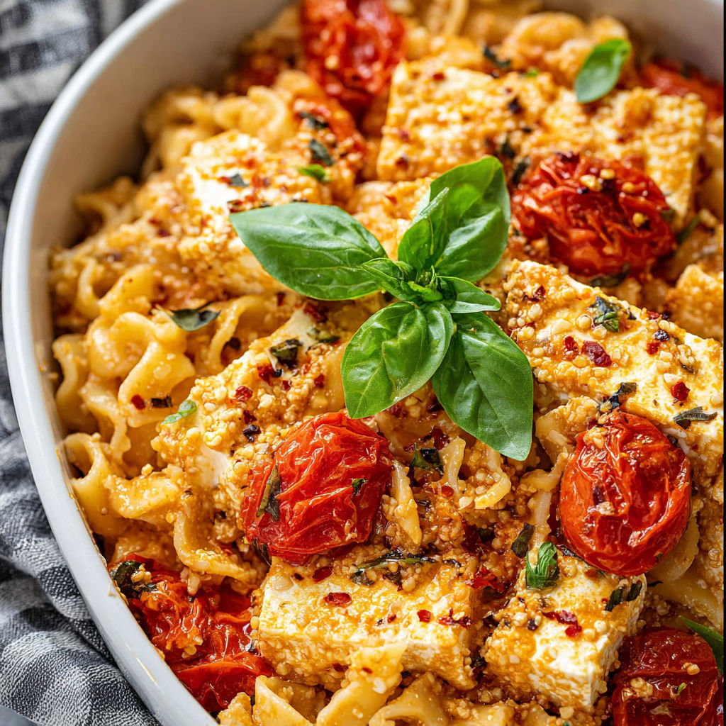 A bowl of pasta with tomatoes and basil.