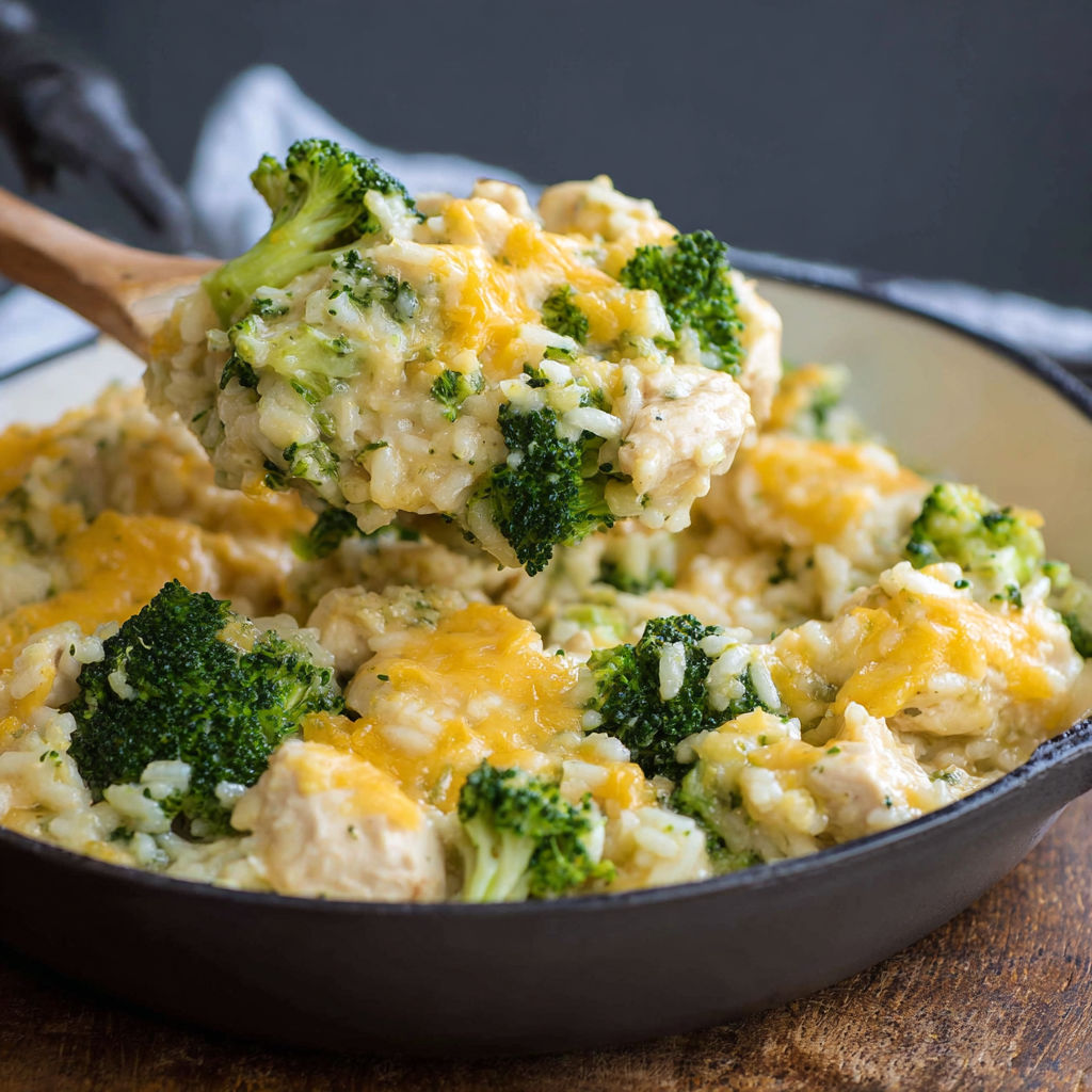 A close up of a delicious one pot cheesy chicken broccoli and rice casserole.