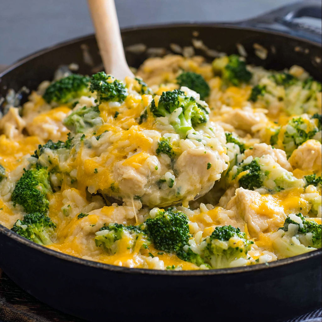 A dish of chicken, broccoli, and rice.