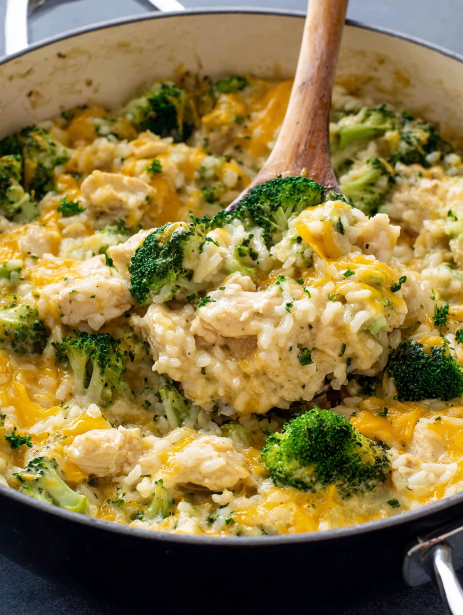 A one pot cheesy chicken broccoli and rice casserole.