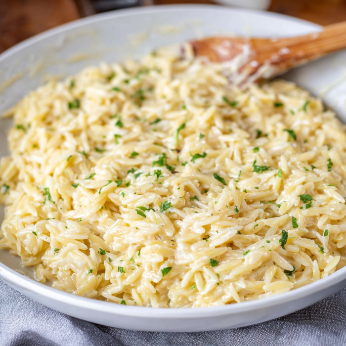 A bowl of creamy garlic Parmesan orzo.