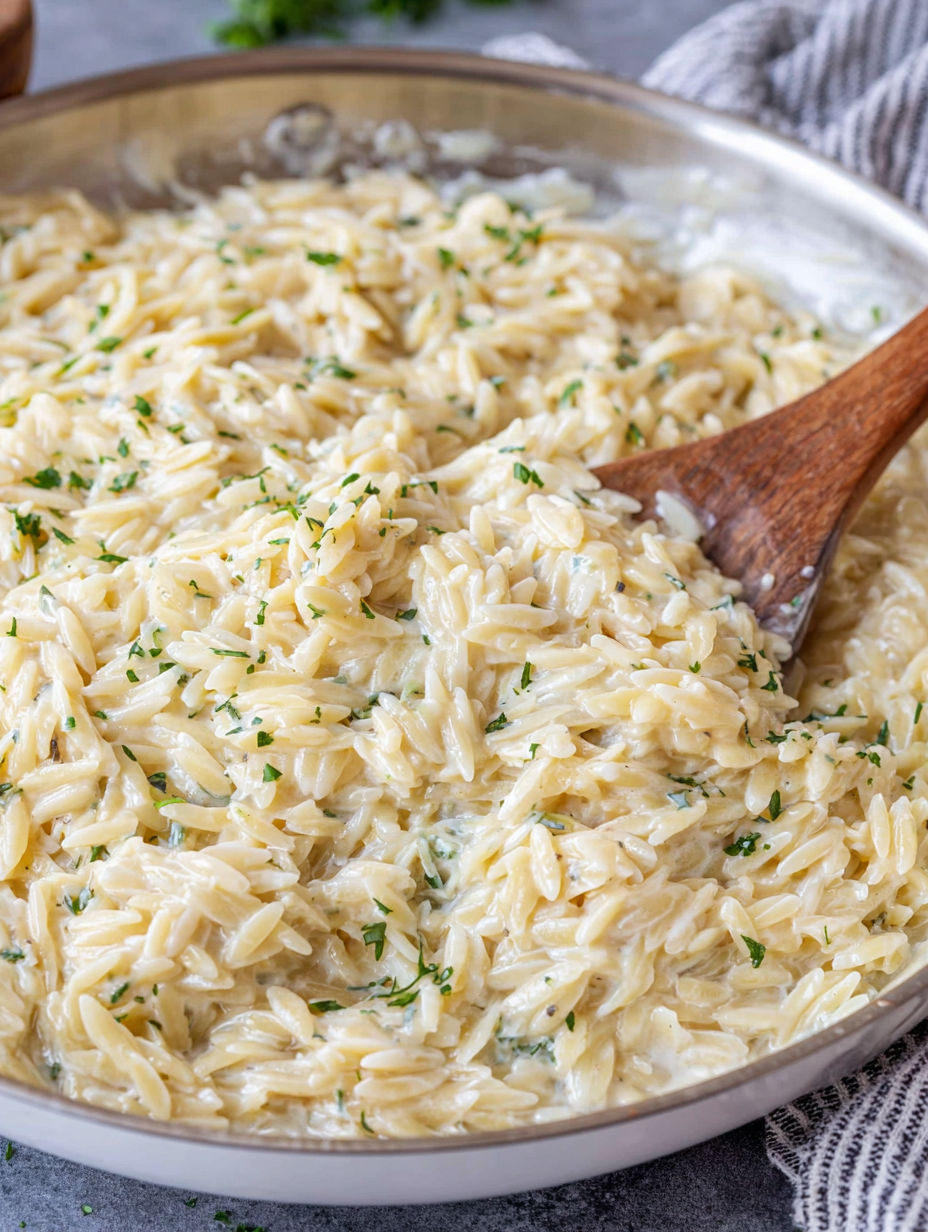 A bowl of creamy garlic Parmesan orzo.