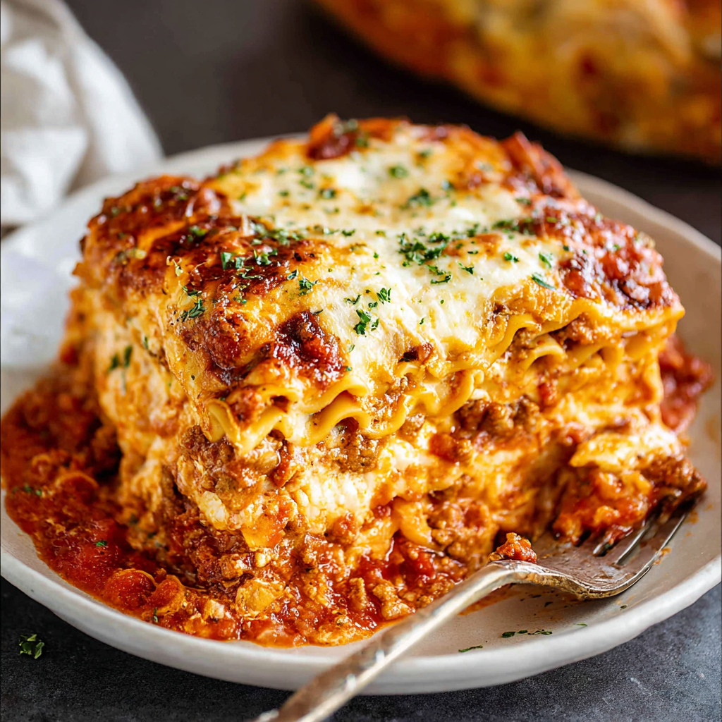 A plate of lasagna with a fork on it.