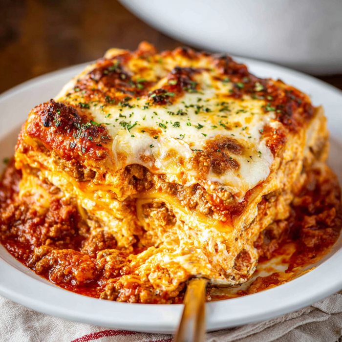 A plate of lasagna with a fork on it.