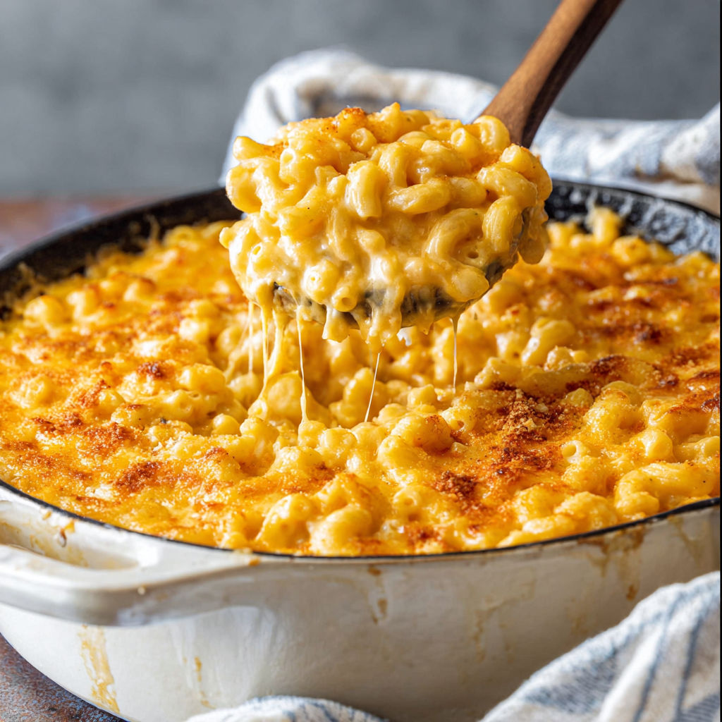 A spoon is scooping up mac and cheese from a pan.