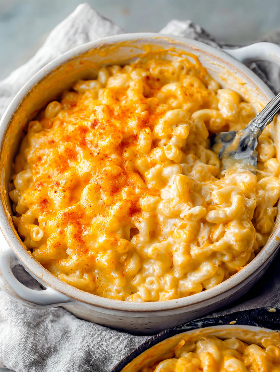 A bowl of baked mac and cheese.
