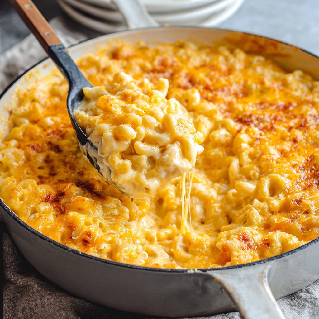 A spoon is in a pan of baked mac and cheese.