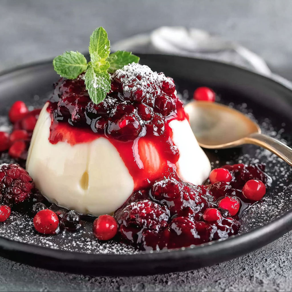 A bowl of panna cotta with berries on top.