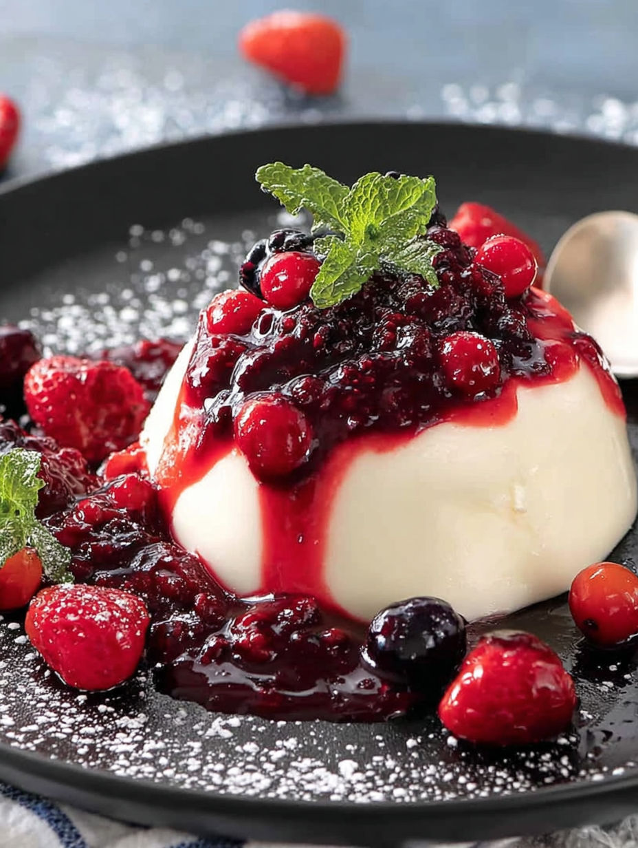 A panna cotta with strawberries and blueberries on top.