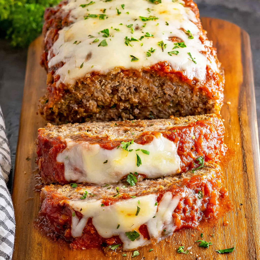 A slice of Italian meatloaf with cheese on a wooden cutting board.