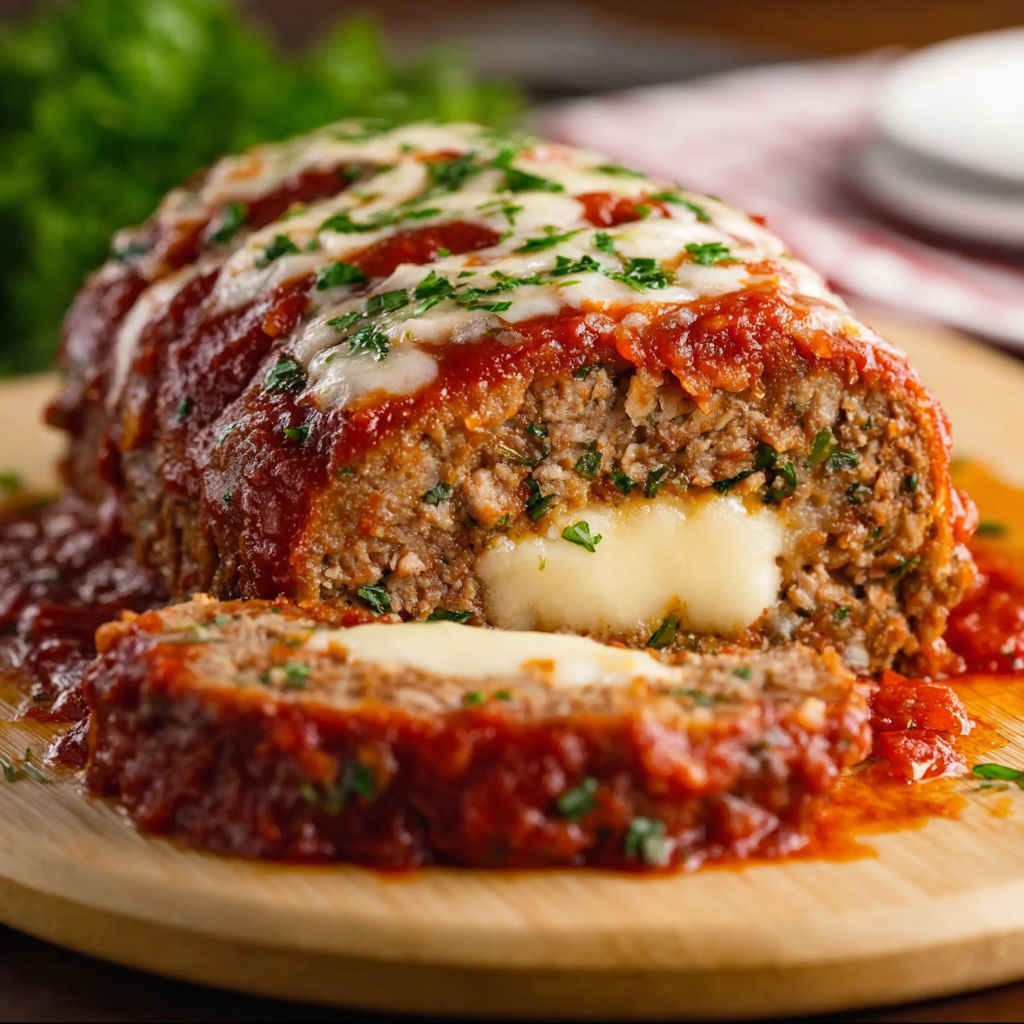 A stuffed Italian meatloaf with cheese and tomato sauce.