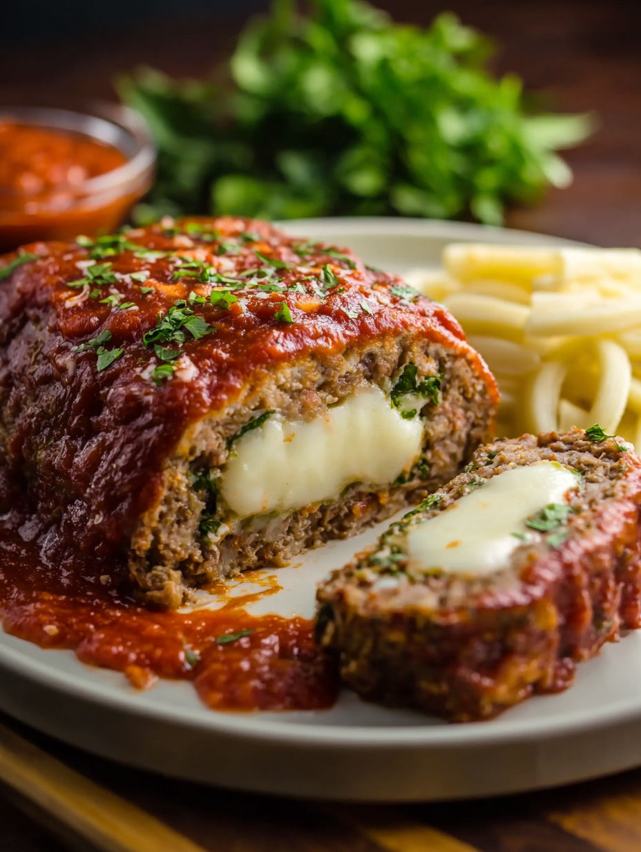 A stuffed meatloaf with marinara sauce.