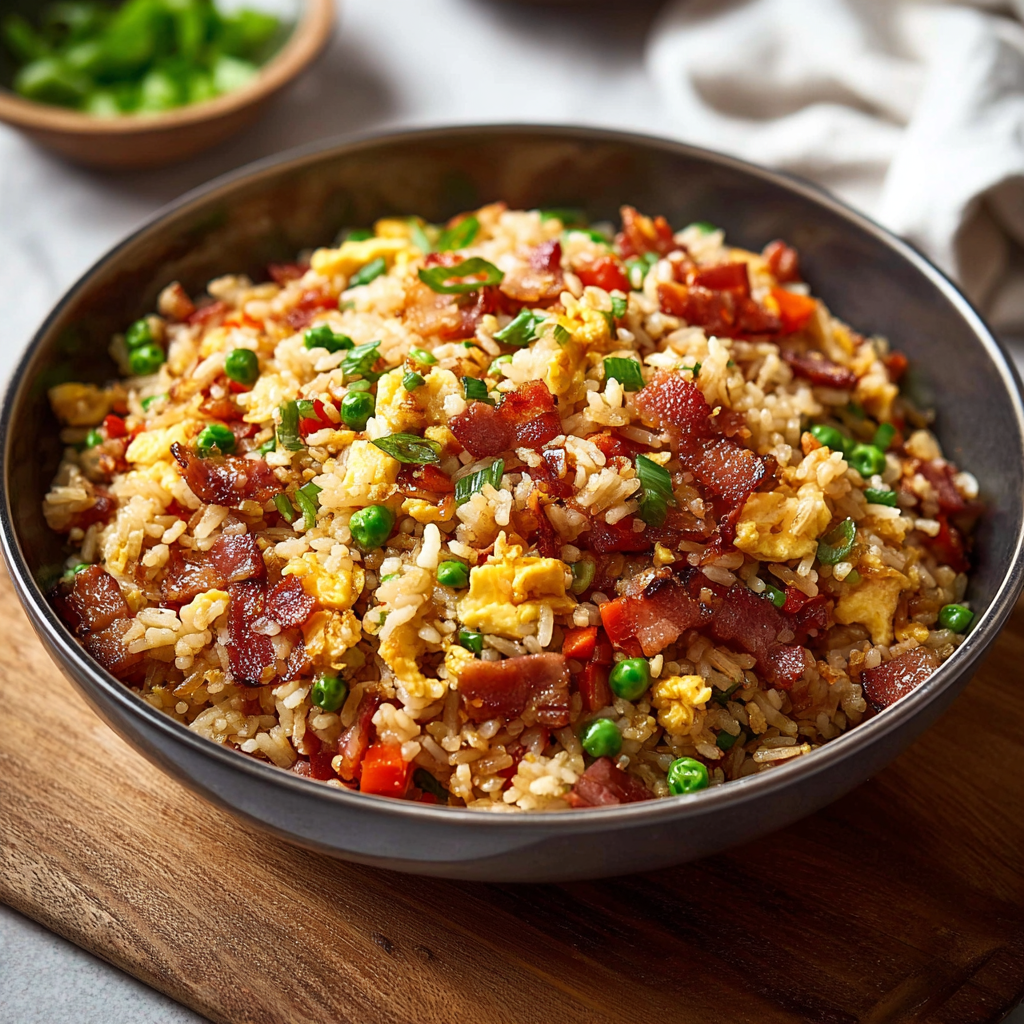 A bowl of bacon fried rice.