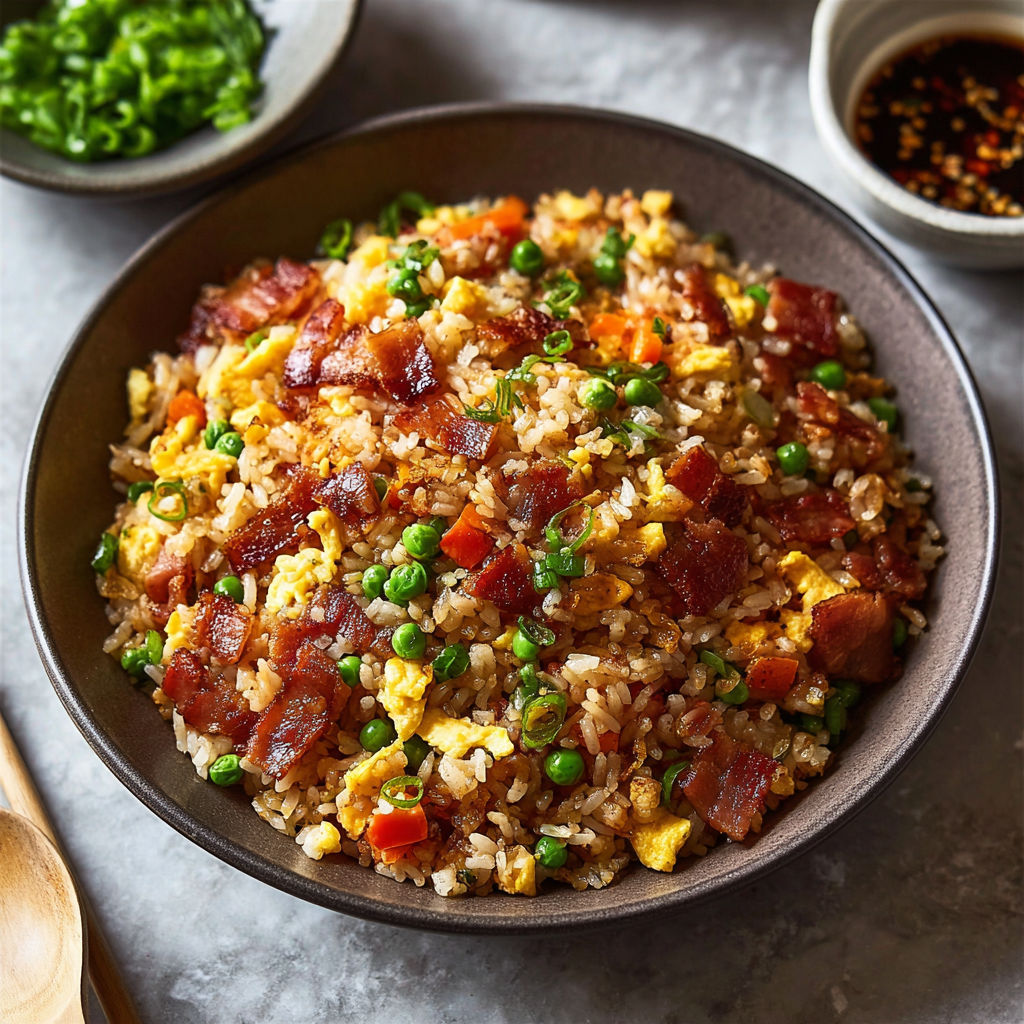 A bowl of rice with bacon and peas.