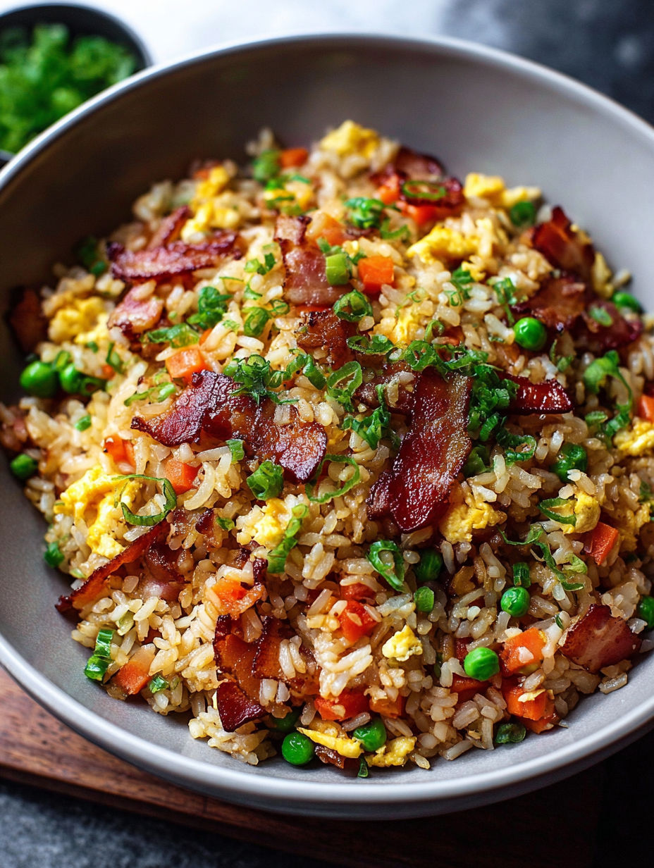 A bowl of rice with bacon and peas.
