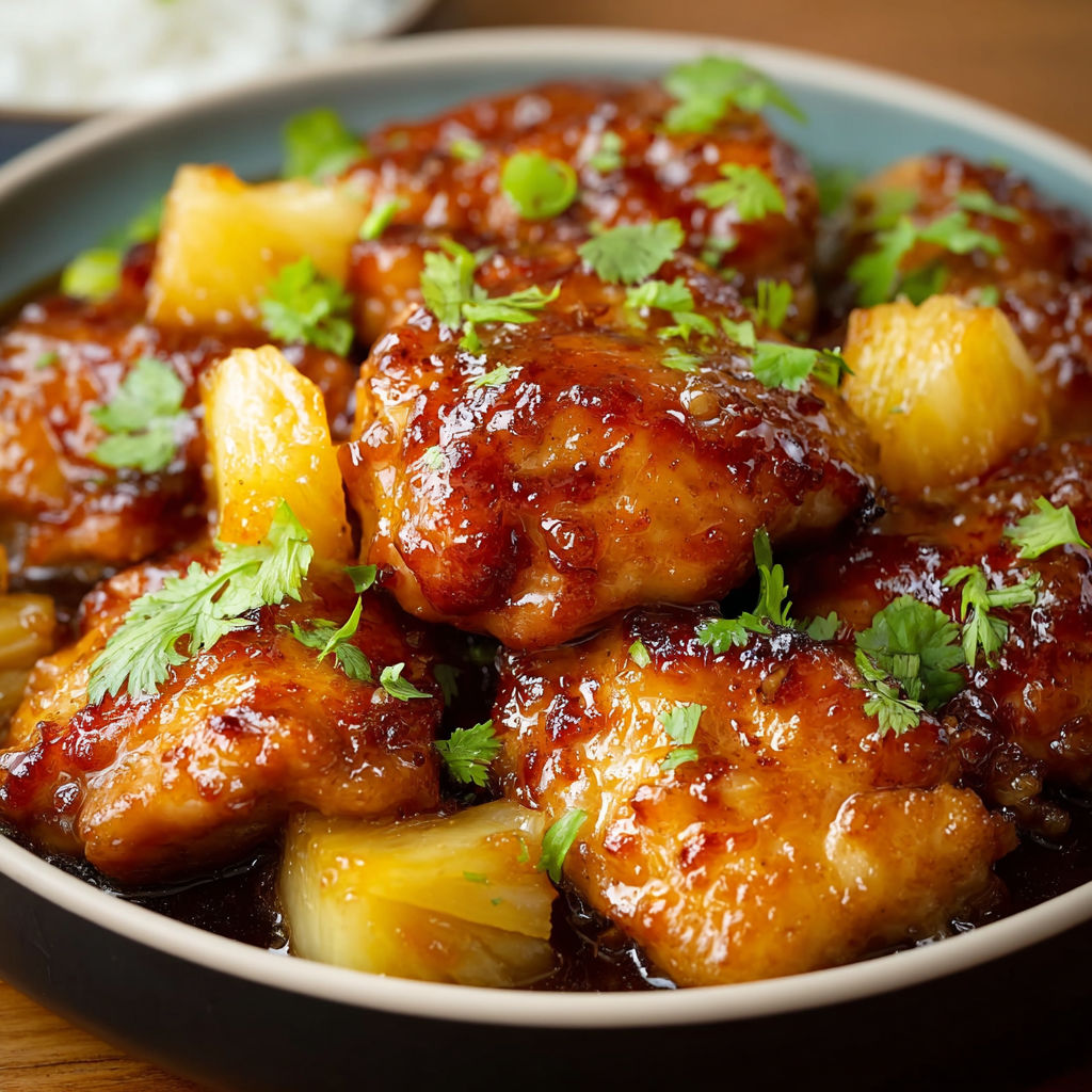 A bowl of brown sugar pineapple chicken.