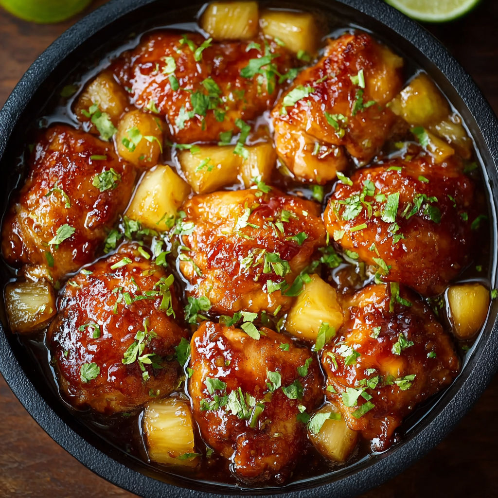 A bowl of brown sugar pineapple chicken.