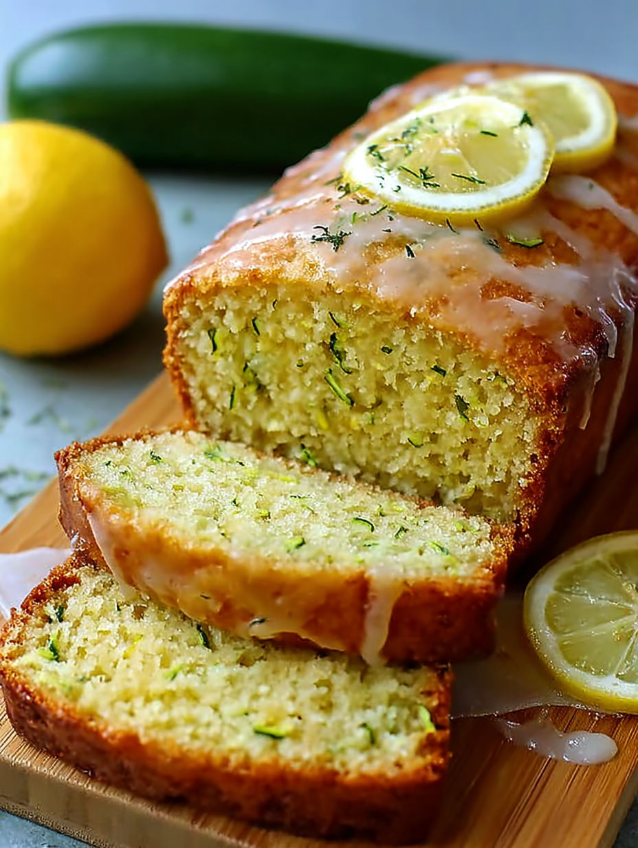 A loaf of lemon zucchini bread with a slice missing.